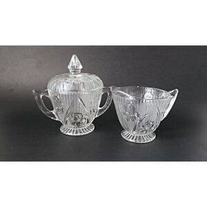 Depression Glass Iris And Herringbone Cream and Sugar with Lid Jeanette  1930's